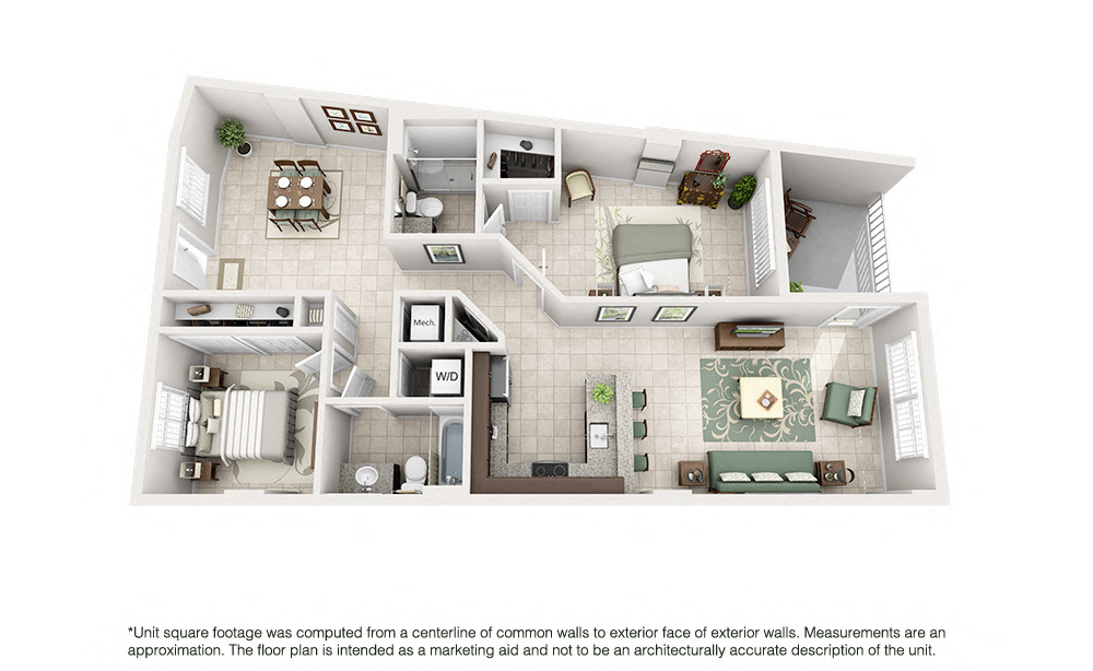 Floor plan for 2 beds, 2 baths, 1141 sqft